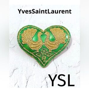 Yves Saint Laurent Green and Gold Heart Brooch
